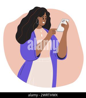 Persone con il telefono. Una donna sta scrivendo un messaggio al telefono. La donna ha uno smartphone in mano. Illustrazione del vettore piatto Illustrazione Vettoriale