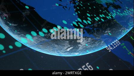 Immagine della mappa mondiale e dell'elaborazione dei dati finanziari in tutto il mondo Foto Stock