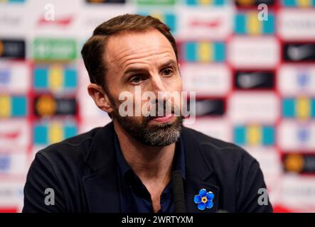 L'allenatore dell'Inghilterra Gareth Southgate durante un annuncio della squadra al Wembley Stadium di Londra. Data foto: Giovedì 14 marzo 2024. Foto Stock