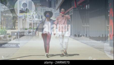 Immagine di icone dei social media su una coppia afroamericana che si tiene per mano mentre cammina per strada Foto Stock