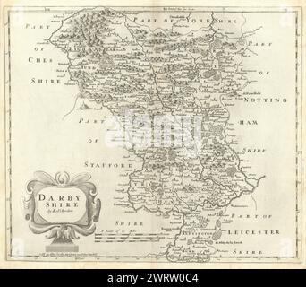 Derbyshire. 'DARBY SHIRE' DI ROBERT MORDEN. Mostra il Peak District 1722 mappa vecchia Foto Stock