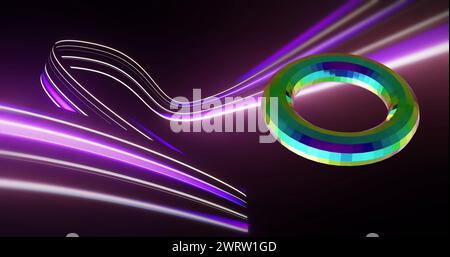 Immagine di forma multicolore 3d su tracce di luce viola al neon su sfondo nero Foto Stock