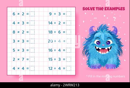 Gioco di matematica per bambini. Moltiplicazione e divisione. Illustrazione Vettoriale