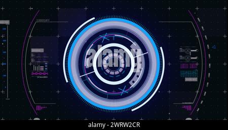 Immagine dell'oscilloscopio che esegue la scansione su uno scanner rotondo al neon e l'elaborazione dei dati su sfondo nero Foto Stock