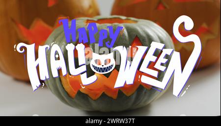 Banner di testo halloween felice contro zucche halloween su sfondo bianco Foto Stock