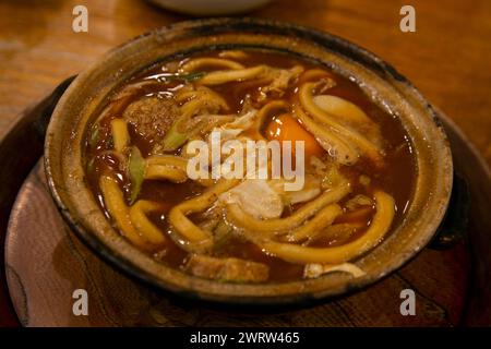 Il famoso Miso nikomi udon di Nagoya consiste di spaghetti udon sospesi in una ricca zuppa fatta con haccho miso (pasta di soia) e brodo di bonito. Foto Stock