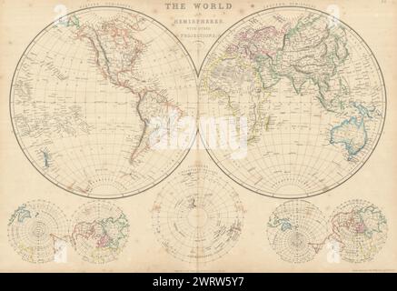 Il mondo negli emisferi con altre proiezioni di Edward Weller 1860 vecchia mappa Foto Stock