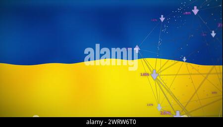Immagine dei dati finanziari e delle connessioni sulla bandiera dell'ucraina Foto Stock