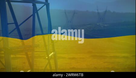 Immagine della bandiera dell'ucraina su pali di campo e di elettricità Foto Stock