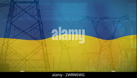 Immagine della bandiera dell'ucraina su pali di campo e di elettricità Foto Stock