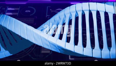 Immagine del filamento di dna sull'elaborazione dei dati su sfondo nero Foto Stock