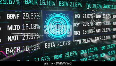 Immagine dell'elaborazione dei dati finanziari e della scansione dell'oscilloscopio su sfondo nero Foto Stock