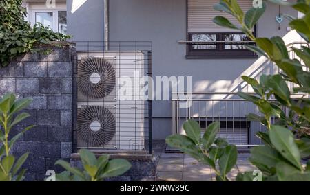 Unità pompa di calore aria, pompe di calore fonte aria installate all'esterno di una casa moderna. Nuova alternativa energetica. Foto Stock