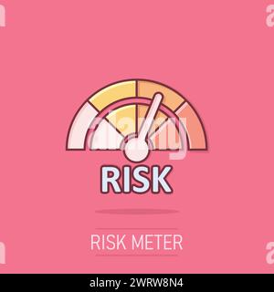 Icona del misuratore di rischio in stile fumetto. Illustrazione vettoriale cartoni animati con indicatore di valutazione su sfondo isolato. Concetto aziendale effetto spruzzo segno del livello del carburante. Illustrazione Vettoriale