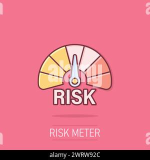 Icona del misuratore di rischio in stile fumetto. Illustrazione vettoriale cartoni animati con indicatore di valutazione su sfondo isolato. Concetto aziendale effetto spruzzo segno del livello del carburante. Illustrazione Vettoriale