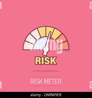 Icona del misuratore di rischio in stile fumetto. Illustrazione vettoriale cartoni animati con indicatore di valutazione su sfondo isolato. Concetto aziendale effetto spruzzo segno del livello del carburante. Illustrazione Vettoriale
