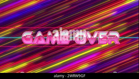 Immagine di un testo di gioco su striscioni al neon contro tracce di luce colorate in un motivo senza cuciture Foto Stock