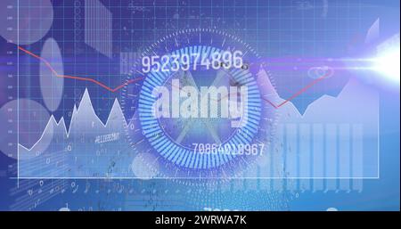 Immagine della variazione dei numeri sullo scanner rotondo, sullo spot luminoso e sull'elaborazione dei dati su sfondo blu Foto Stock