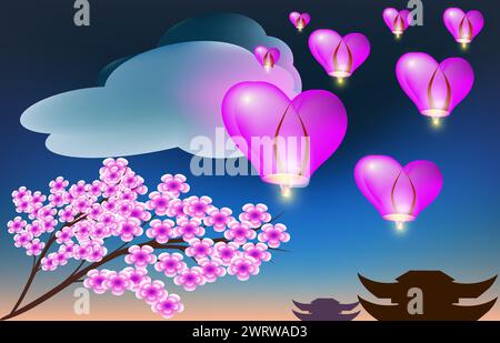 lanterne brillanti nel cielo e un ramo di fiori Illustrazione Vettoriale