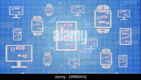 Immagine dell'elaborazione di chat ai online su dispositivi elettronici sopra il cervello umano Foto Stock