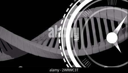 Immagine dell'orologio che si muove su un filamento di dna su sfondo nero Foto Stock