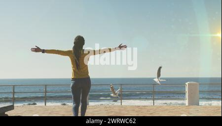 Punti di luce contro la vista posteriore della donna afroamericana con le braccia spalancate sul lungomare Foto Stock