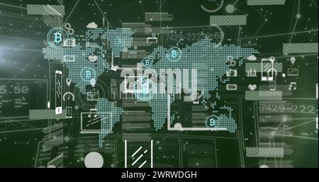 Immagine di bitcoin, elaborazione dei dati finanziari sulla mappa mondiale Foto Stock