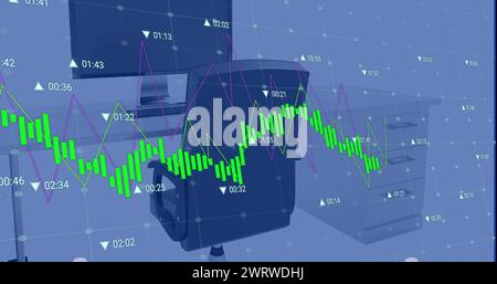 Immagine di grafici e numeri che cambiano su sedia vuota e desktop sulla scrivania Foto Stock