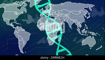 Immagine del filamento di dna che gira sulla mappa del mondo Foto Stock