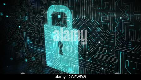 Più numeri e lettere modificabili rispetto all'icona del lucchetto di sicurezza e ai collegamenti a microprocessore Foto Stock