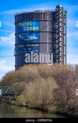 Ausstellung Plante Ozean im Gasometer in Oberhausen, Die Weltmeere in ihrer fragilen Schönheit stehen im Mittelpunkt der neuen Ausstellung, großformatige Fotos, Exponate bis Hin zum Walfisch Skelett und eine Immersive Video und Sound Großinstallation, Die Welle, auf einer 40 Meter hohen und insgesamt über 1000 Quadratmeter großen Leinwand ist zu sehen, Rhein-Herne-Kanal, Oberhausen, Deutschland Gasometer Planet Ozean *** Mostra Planet Ocean nel Gasometer di Oberhausen, i mondi oceani in tutta la loro fragile bellezza sono al centro della nuova mostra, foto di grande formato, mostre incluse Foto Stock