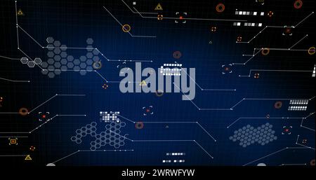 Immagine dei marcatori e elaborazione dei dati su sfondo blu Foto Stock