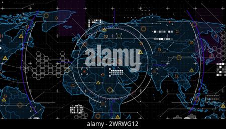 Immagine dell'oscilloscopio, dei marcatori e dell'elaborazione dei dati sulla mappa mondiale Foto Stock
