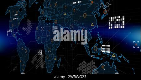 Immagine dei marcatori e dell'elaborazione dei dati sulla mappa mondiale Foto Stock