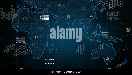 Immagine dei marcatori e dell'elaborazione dei dati sulla mappa mondiale Foto Stock