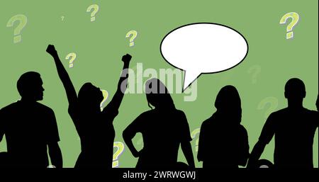 Immagine delle sagome delle persone con fumetti sopra punti interrogativi su sfondo verde Foto Stock
