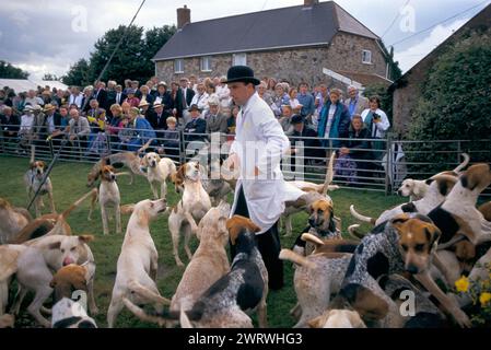 Spettacolo di cuccioli che si tiene ogni anno durante l'estate. Quantock Staghounds Somerset ed Exmoor 1990s UK. Hunt Servicant in bowler Hat and white coat 1997 UK England HOMER SYKES Foto Stock