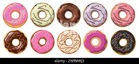 Ciambelle glassate con zucchero colorato e glassa di cioccolato Illustrazione Vettoriale