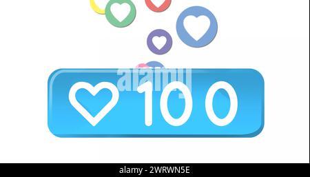 Immagine digitale delle icone dei social media che si muovono sullo schermo con l'icona del cuore con numeri crescenti 4k Foto Stock