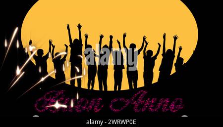 Immagine di buon anno testo in rosso con fuochi d'artificio di Capodanno e sagome di celebrazione Foto Stock