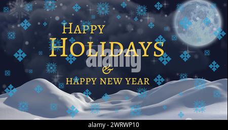 Immagine di buone feste e testo di Capodanno con finestra e fiocchi di neve blu sul paesaggio invernale Foto Stock