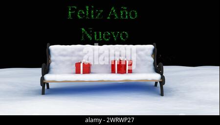 Immagine di feliz ano nuevo testo su regali sulla panchina ricoperta di neve e fuochi d'artificio di Capodanno di notte Foto Stock