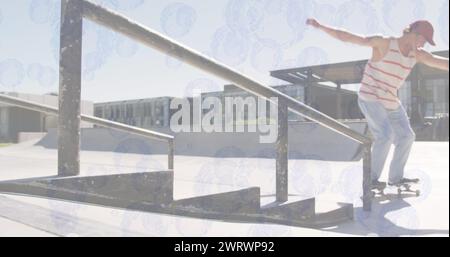 Immagine di bolle sopra skateboard uomo caucasico Foto Stock