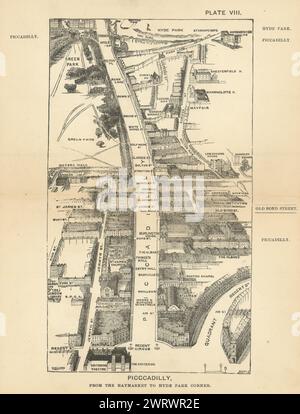 Vista dall'alto di Piccadilly da Haymarket a Hyde Park Corner. Mappa SULMAN 1891 Foto Stock