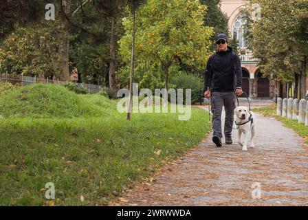 Il giorno d'autunno, un cieco che cammina in sicurezza con un cane guida attraverso il parco. Concetti di vita cittadina e persone con disabilità visive. Foto Stock