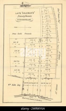 Coleman's Nursery Grounds, Church Road/Nursery Lane, Tottenham 1840 vecchia mappa Foto Stock