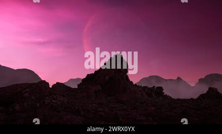 Animazione 3D con rendering di sagome di rocce con un pianeta nel cielo rosa sullo sfondo Foto Stock