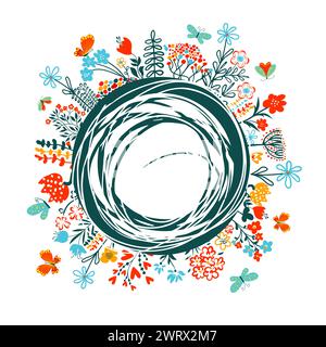 Telaio vettoriale disegnato a mano. Telaio a fiori rotondo. Non ai, illustrazione vettoriale Illustrazione Vettoriale