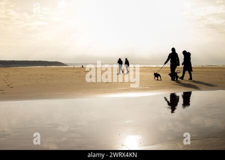 Persone che camminano con cani in sagoma in spiaggia Foto Stock