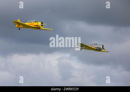 1942 Harvard FE511 & Navy Wings - 1954 Harvard T6 «G-NWHF, in volo al Race Day Airshow tenutosi a Shuttleworth il 1 ottobre 2023. Foto Stock